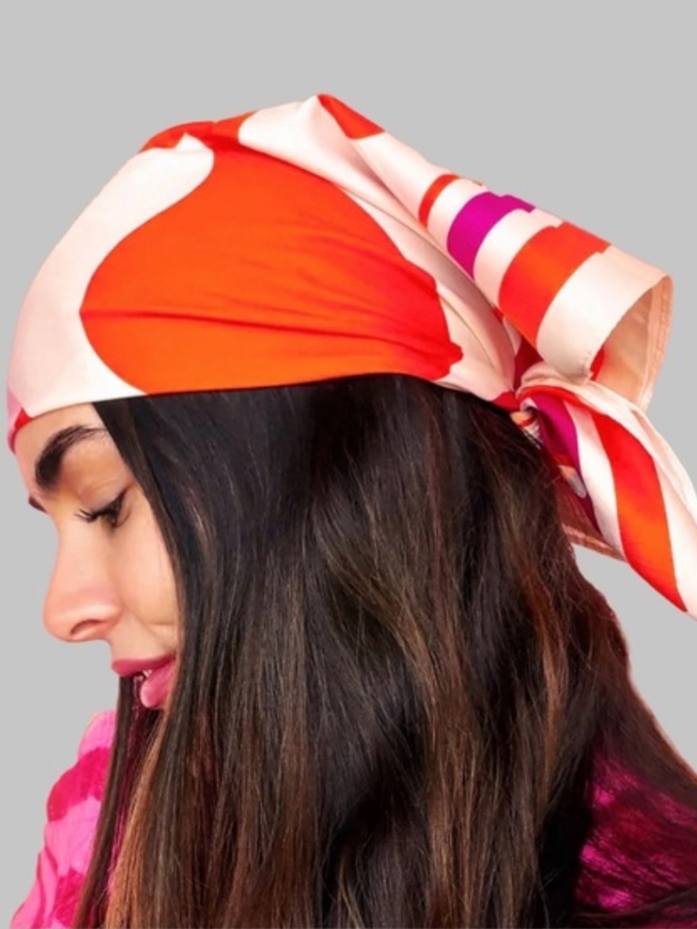 Amika Signature Print Orange & Pink Satin Headscarf, and Bag Accessory.